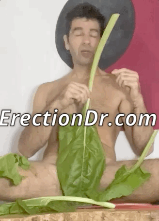 The Swiss chard leaf reveals an erect penis on naked man